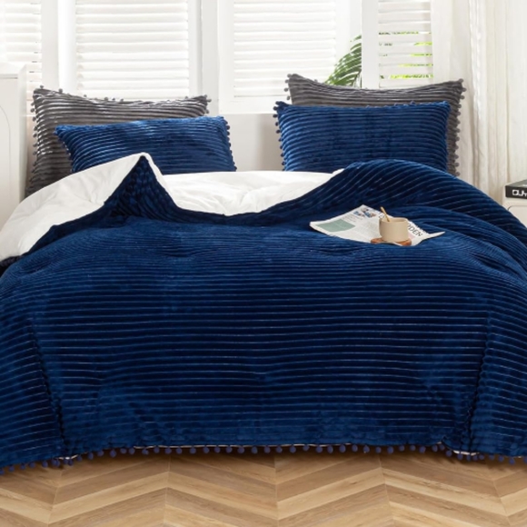 Midnight Blue Soft Velvet Corduroy Stripe Comforter Shams Set King Size Bed New